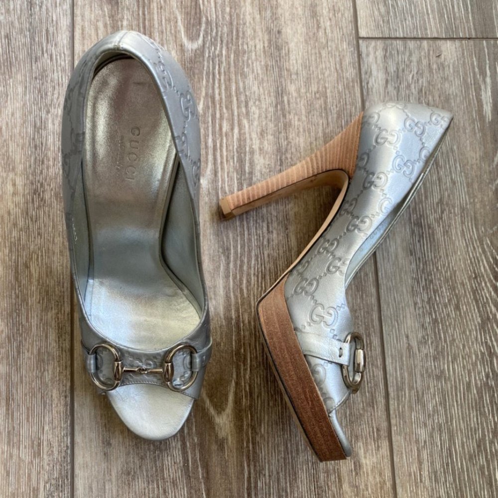 Authentic Gucci Silver Monogram Peep Toe Heels - image 2